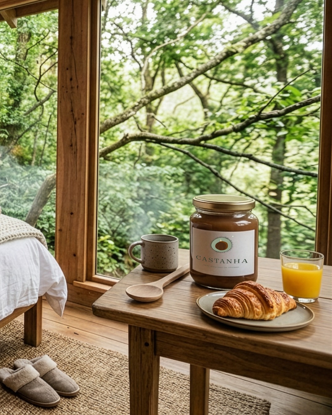 Le logo Castanha sur un pot de crème de châtaigne, au petit-déjeuner dans une cabane