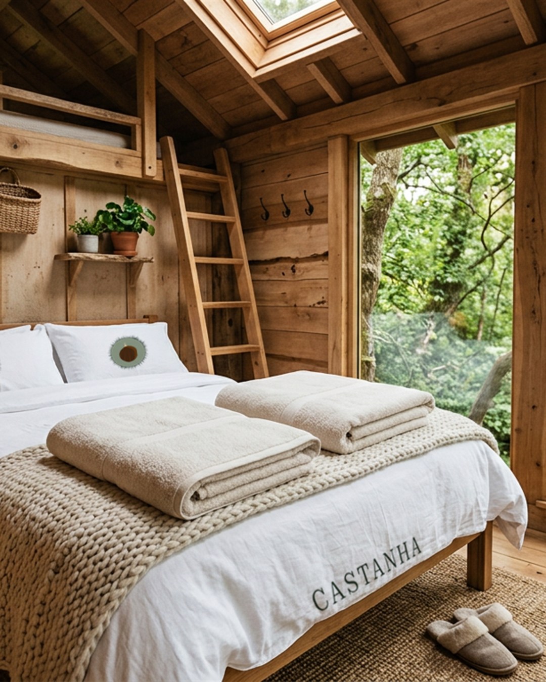 Le symbole Castanha brodé sur le linge de lit d'une cabane