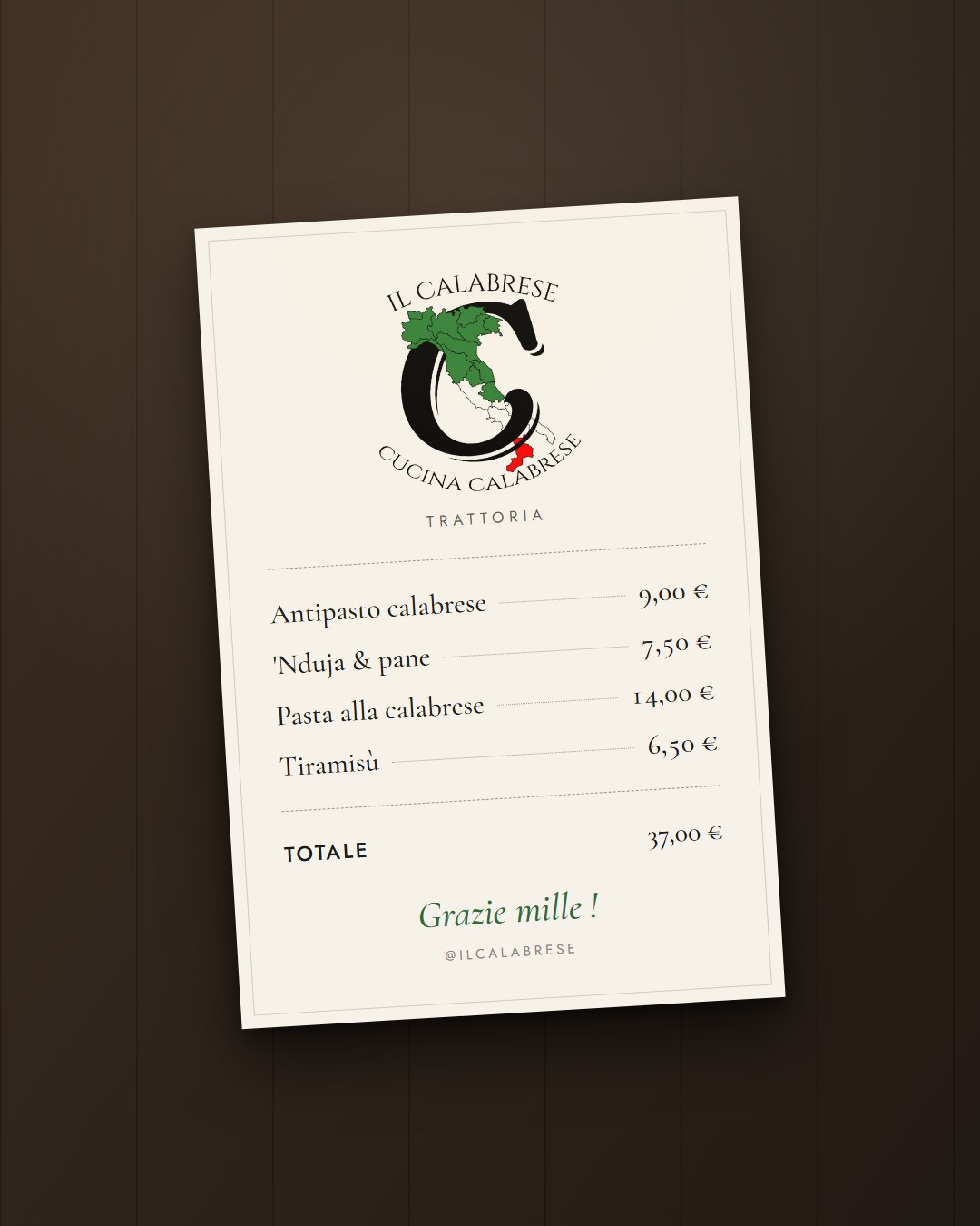 Il Calabrese, addition posée sur une table