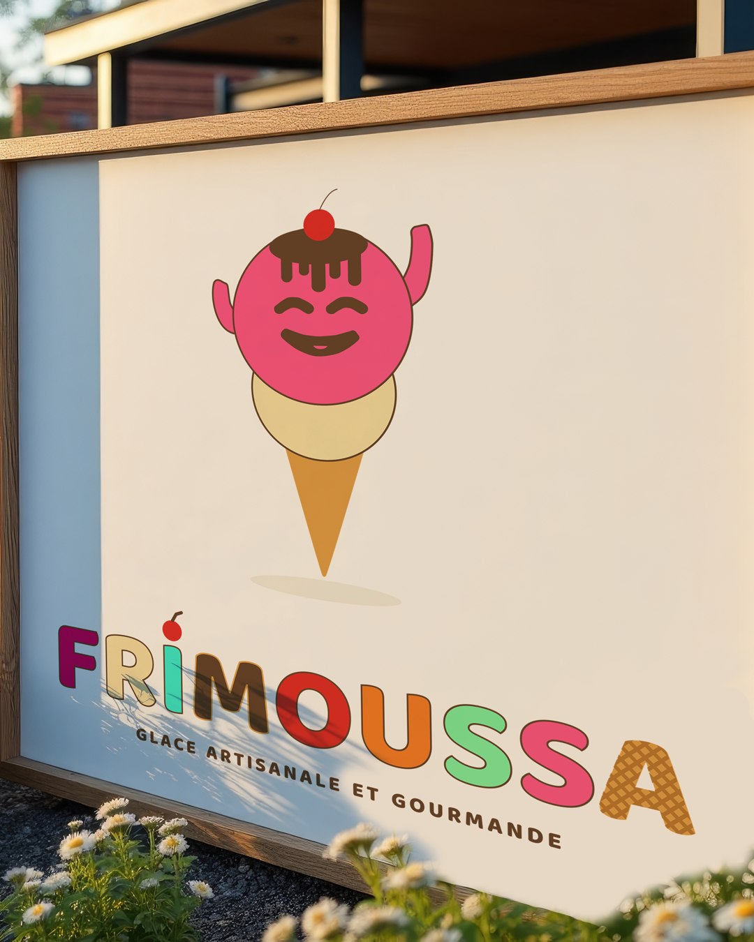 Le logo Frimoussa sur un panneau de devanture en bois, dans un jardin fleuri