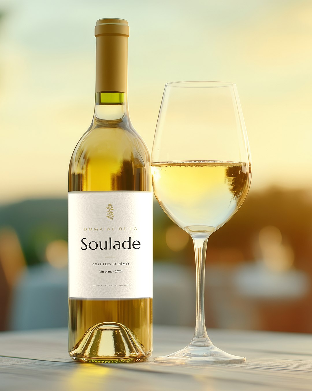 Bouteille Domaine de la Soulade, terrasse au coucher de soleil